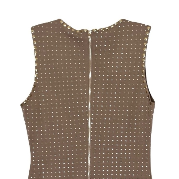 Esley Mini Bodycon Dress Size M NWT Taupe Gold Studded Sleeveless Party Rocker - Picture 5 of 8